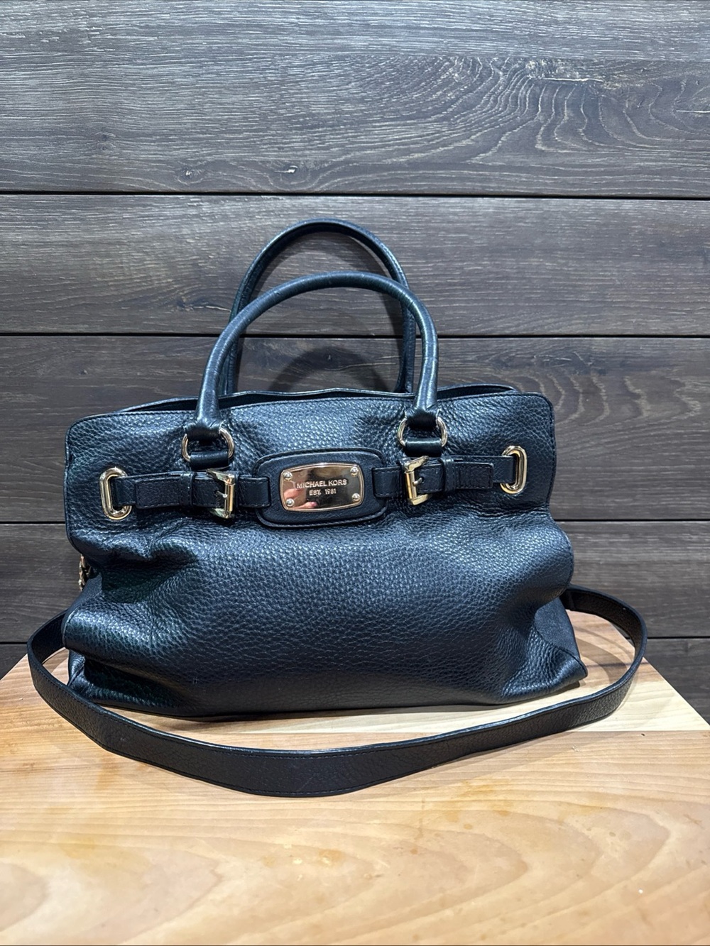 Michael Kors Hamilton Black Pebbled Leather Shoulder Satchel with Gold Hardware